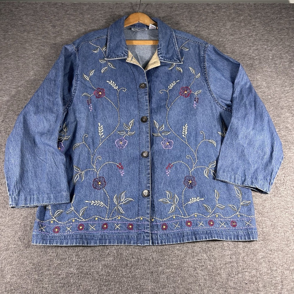 Women's Button Up Shirt Jacket Size 1X Denim Embroidered Floral Cottagecore Boho